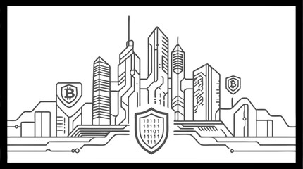 Fototapeta premium Digital Cityscape: A minimalist, clean design of a futuristic city skyline, symbolizing technology, cyber security, and secure digital currency.