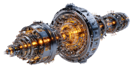 Complex, intricate, metallic engine system.  Bright inner glow