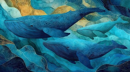  A group of blue dolphins swims in a body of water beneath yellow-blue clouds
