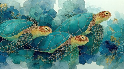   Two green sea turtles swim through a sea of blue water with colorful coral beneath them