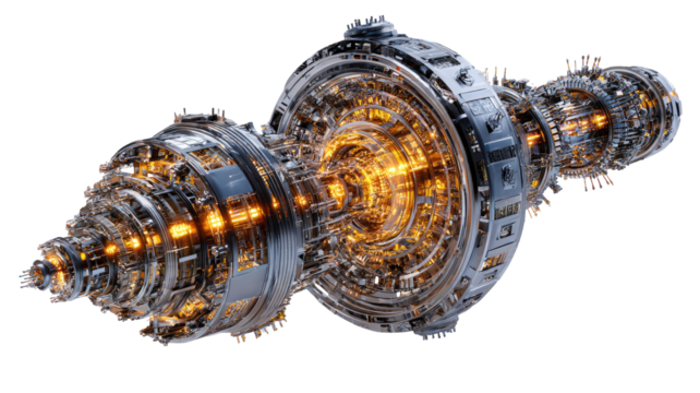 Complex, intricate, metallic engine system.  Bright inner glow