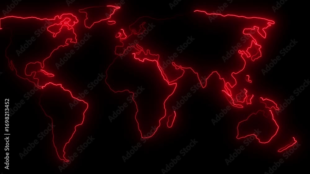 Poster futuristic glowing neon world map on dark background,digital technology world map animation. glowing