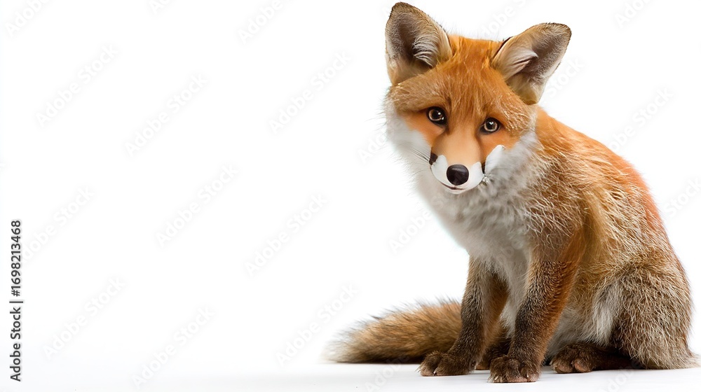 Poster a close-up of a red fox sitting on a white background with a sad expression