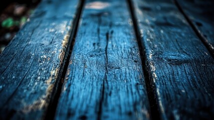 Close-up of weathered blue wooden planks. Outdoor picnic table