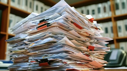 Chaotic Pile of Disorganized Paperwork with File Clips in Office Environment