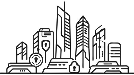 Obraz premium Cyber City Skyline: A sleek, modern skyline illustration, symbolizing the core of digital security in the modern world. Depicting the safeguard of data and urban structures.