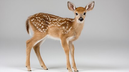 Obraz premium A youthful deer stands atop a snow-white surface, against a gray backdrop, with a minute white spot on its forehead