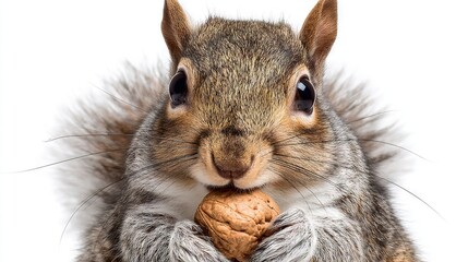 Fototapeta premium Close-up squirrel holding nut with surprise