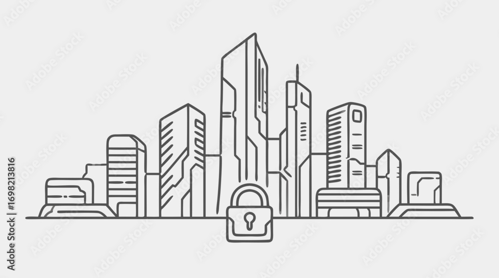 Poster digital city security: a stylized cityscape, protected by a central lock. reflecting the essential n
