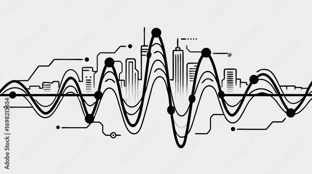 Poster cityscape in lines: a digitally crafted representation of a cityscape is intricately interwoven with