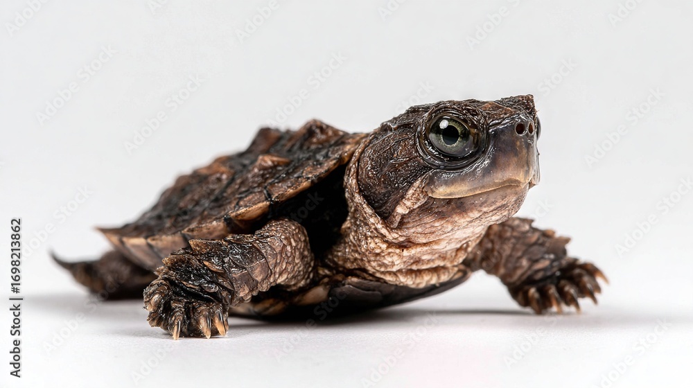 Poster a sharp image of a tiny tortoise on a white backdrop with a fuzzy depiction of its head