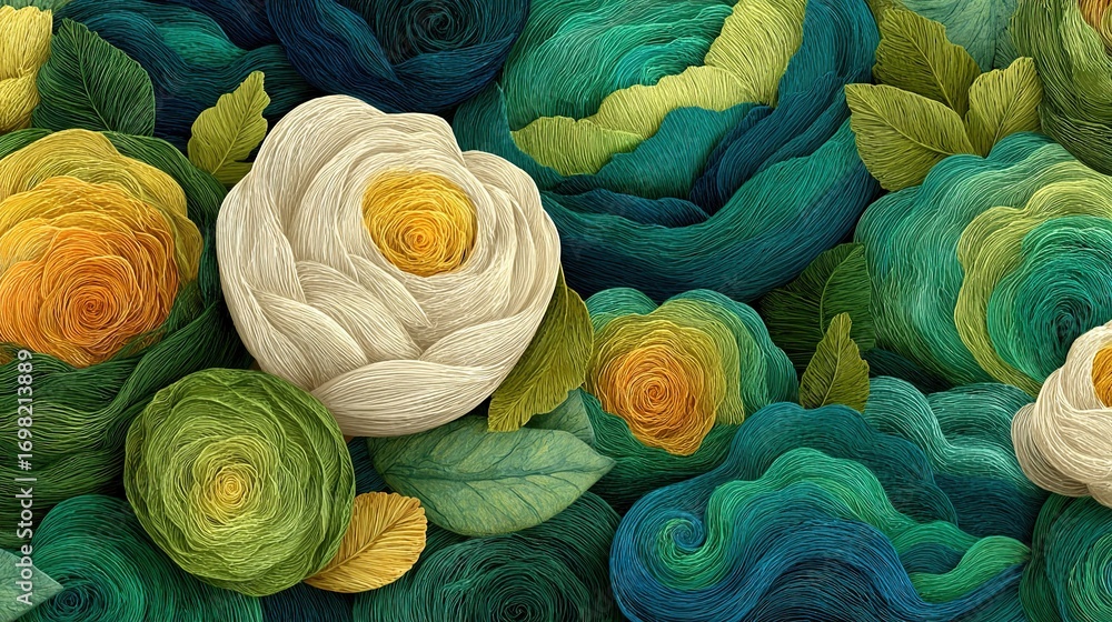 Poster a macro photo showcasing an array of handmade yarn flowers adorned with leafy embellishments