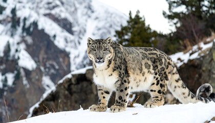 Obraz premium A majestic snow leopard stands sentinel on a snowy mountain ridge, its gaze focused and powerful.