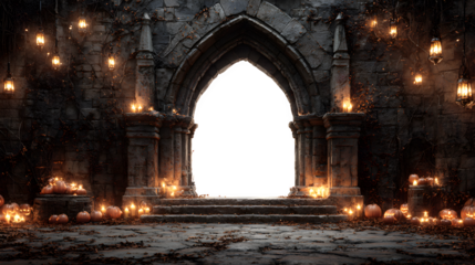 Medieval castle Halloween party flyer with torch-lit stone arch border, isolated on white background