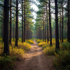 Obraz premium Sunlit forest path winding through tall pine trees with golden undergrowth