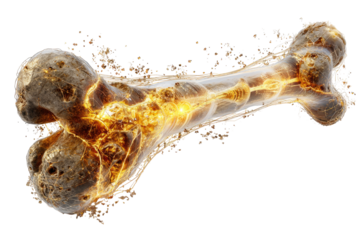 A stylized long bone, rendered with fiery energy emanating from its interior