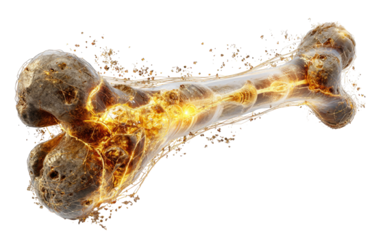 A stylized long bone, rendered with fiery energy emanating from its interior