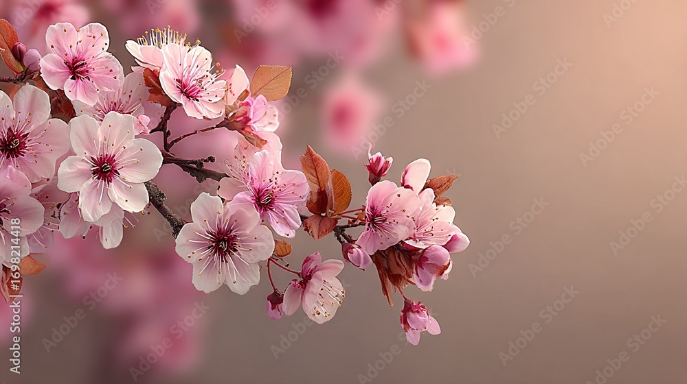 Poster a branch of a tree, adorned with pink flowers, in sharp focus against a soft, hazy backdrop