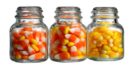 Trio of candy corn jars, isolated on white background