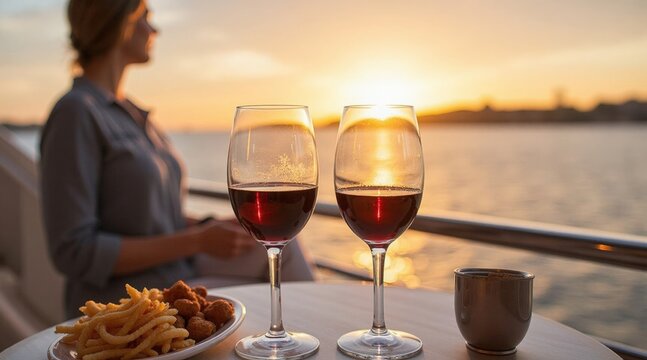 A young Caucasian woman with brown hair enjoys a sunset view on a boat. Two glasses of red wine and a plate of food are on the table. - Powered by Adobe