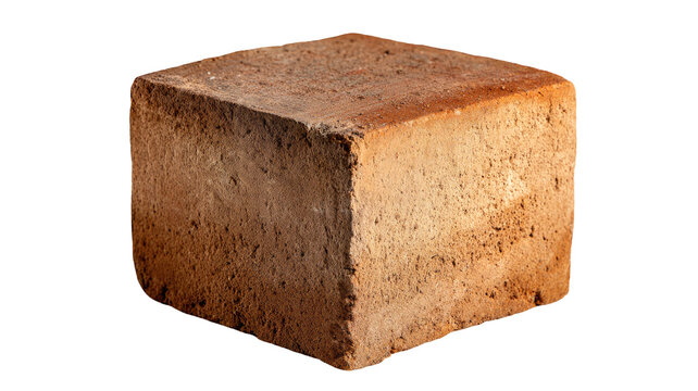 Close-up of a rustic, reddish-brown cube-shaped paving brick