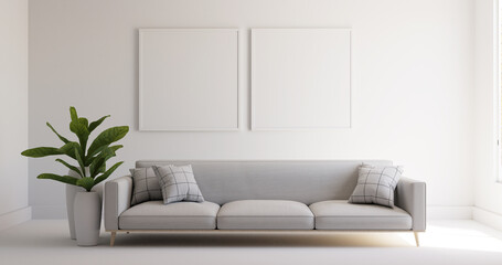 Minimalist gray sofa with decorative plant and ottoman