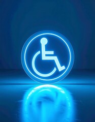 Glowing blue neon sign of the international wheelchair accessibility symbol