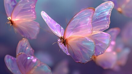 Fototapeta premium Butterfly in flight, surrounded by a group of butterflies against an open sky background