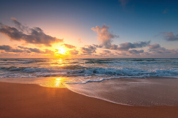 Beautiful sunrise over the sea hozin and beautiful beach shore