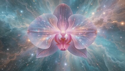 Obraz premium Ethereal Orchid Flower Radiating Energy in Cosmic Nebula Backdrop.
