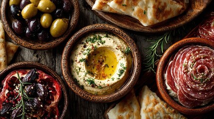   A wooden table adorned with various bowls holding diverse foods, accompanied by olives and pita breads