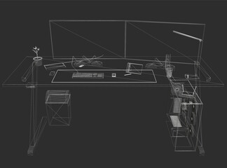 A 3D wireframe computer setup on a desk with monitor, keyboard, mouse, and plant against a black background.