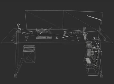 A 3D wireframe computer setup on a desk with monitor, keyboard, mouse, and plant against a black background.