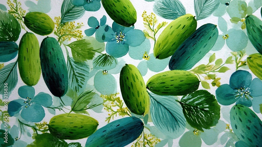 Poster a macro shot capturing a vivid pattern of green foliage and floral elements against a white backdrop