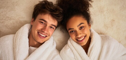 The couple relaxing in fluffy robes enjoying a cozy spa moment at home