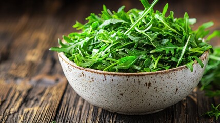 Fresh Arugula Leaves in Rustic Bowl on Wooden Table for Healthy Eating and Culinary Inspirations