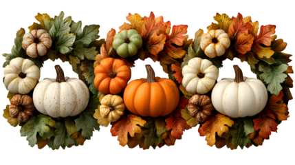 Group of 3 autumn wreaths with pumpkins, isolated on white background