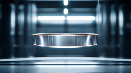 Obraz premium Low angle cinematic shot of superconducting cryogenic chamber suspended by metallic frame.