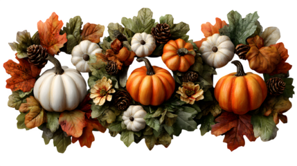 Group of 3 autumn wreaths with pumpkins, isolated on white background