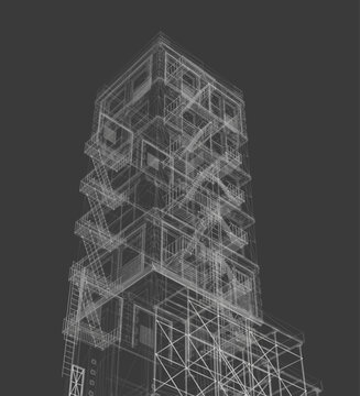 A 3D wireframe building model with scaffolding, intricate windows, balconies, and a staircase, set against a dark background