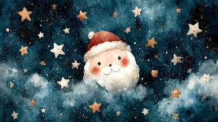   Watercolor of Santa peeking through clouds with star-filled night sky background