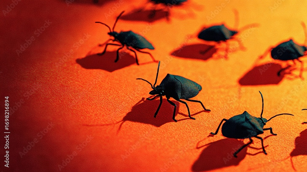 Poster green bugs on red background with shadow