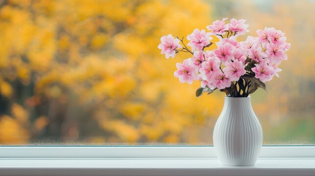 Beautiful pink flowers in a white vase placed on a windowsill with an out-of-focus golden autumn background creating a cozy atmosphere - Powered by Adobe