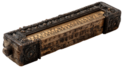 Ornate wooden slide rule housed in a decorative case