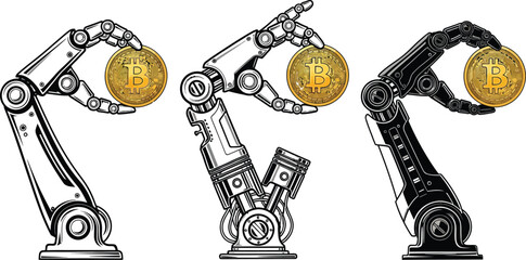 Robotic arms meticulously holding digital currency coins, symbolizing technology and finance.