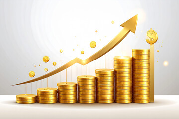 A financial growth graph with a stack of golden coins represents a successful investment in the global market