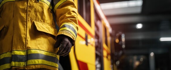 Obraz premium The Firefighter in Yellow Turnout Gear Standing Beside a Fire Engine Inside Station