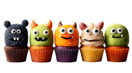 Set of 5 Halloween cupcakes with monster faces, isolated on white background