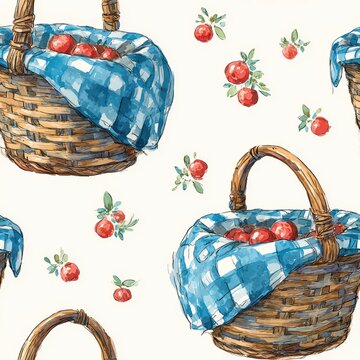 Elegant Seamless Pattern Of Picnic Baskets And Apples For Various Design
