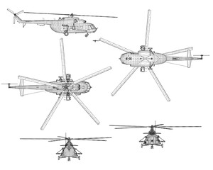Set Helicopter blueprint in detailed wireframe 3D model on white background. 3D. Vector illustration © German Ovchinnikov